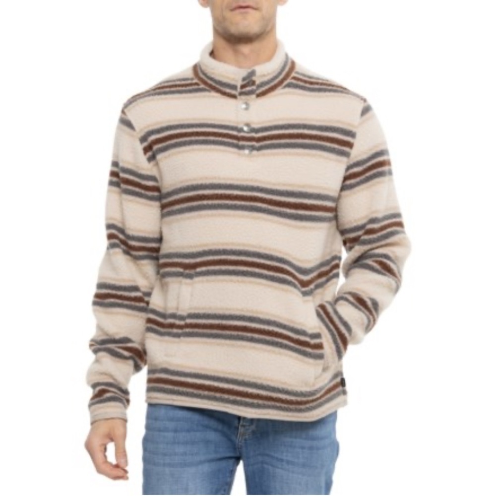 NWT Lucky Brand Beige Striped Men's Pullover Fleece Snap Neck XL